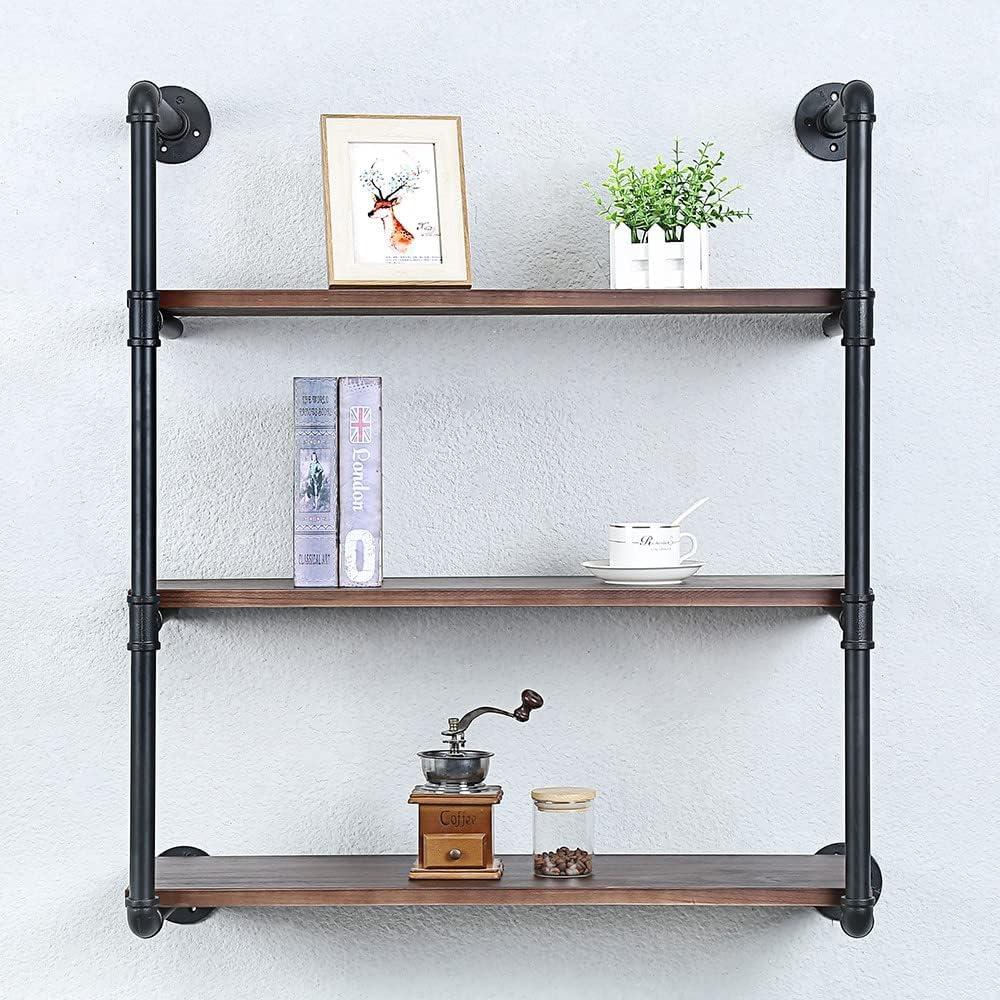 Industrial Pipe Shelving Wall Mounted,30in Rustic Metal Floating Shelves,Steampunk Real Wood Book Shelves,Wall Shelf Unit Bookshelf Hanging Wall Shelves,Farmhouse Kitchen Bar Shelving(3 Tier)