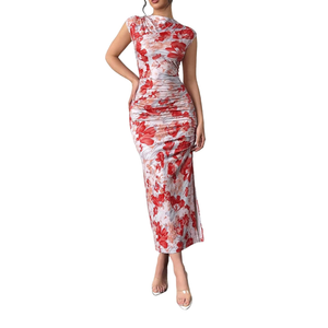 Milumia Women's Ruched Floral Sleeveless Bodycon Midi Dress Mock Neck Slit Thigh Dresses, Size Medium