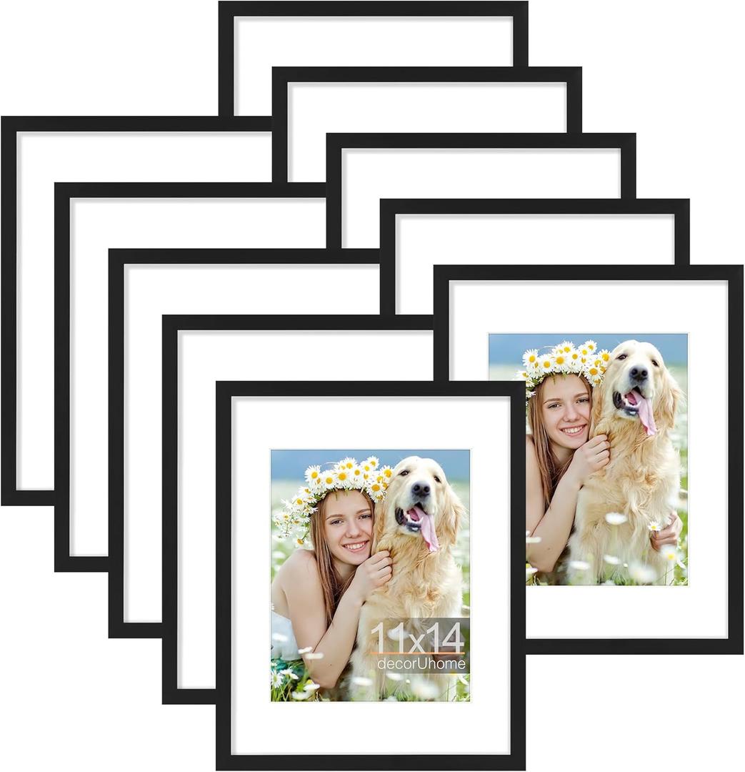 decorUhome 11x14 Picture Frame Set of 10, Display Photos 8x10 with Mat or 11x14 Unmatted for Picture Frames Collage Wall Decor, Black
