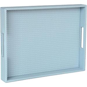 HofferRuffer Rectangle Serving Tray with Hole Handles for Coffee Table, Breakfast, Tea, Food, Butler - Countertop, Kitchen, Vanity Serve Tray, 16.2 x 12.2 x 2 inches, Faux Leather (LightBlue)