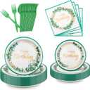96Pcs Greenery Happy Birthday Plates, Eucalyptus Pattern Paper Plates Napkins Forks Set, Sage Green Modern Dinnerware for 24 Guests, Birthday, Baby Shower Parties