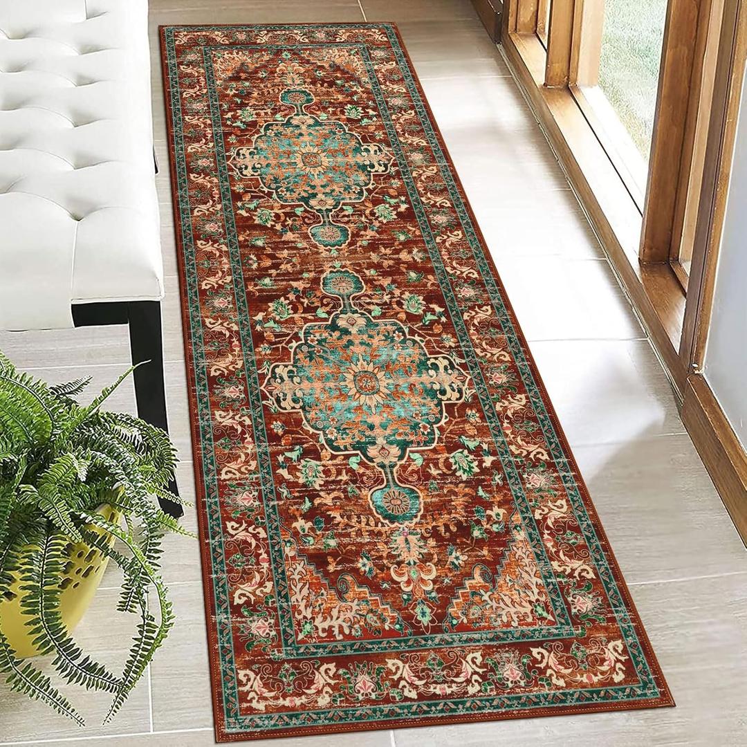 U'Artlines 2' x 6' Boho Hallway Runner Rug, Non Slip Washable Vintage Farmhouse Accent Area Rug Carpet for Kitchen Entryway Laundry and Living Room (RustTeal)