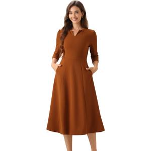 Allegra K Women's 3/ 4 Sleeve Dresses V Neck Pockets Elegant A-Line Midi Dress Work Business Spring Outfits X-Large Caramel