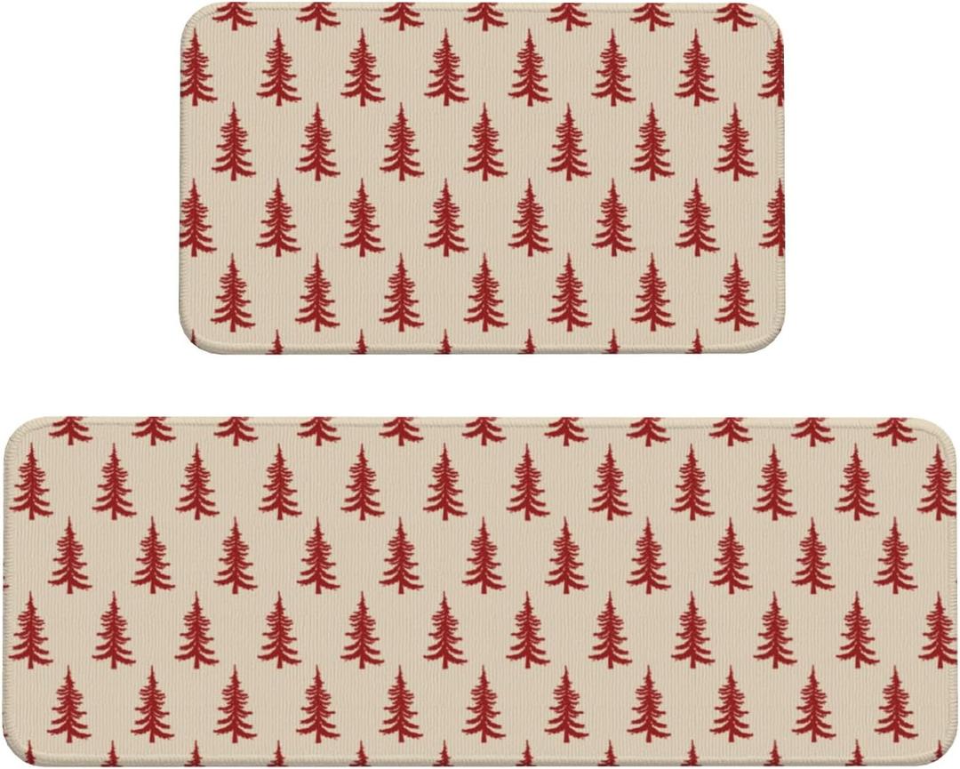 Red Cream Christmas Kitchen Mats Set of 2 Xmas Tree Print Winter Holiday Kitchen Rugs for Floor Home Decor Low-Profile Mats,17x29 and 17x47 Inch