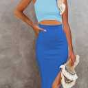 Pink Queen Women's Dresses Crew Neck Sleeveless Cutout Side Slit Bodycon Midi Party Dress (Blue, L)