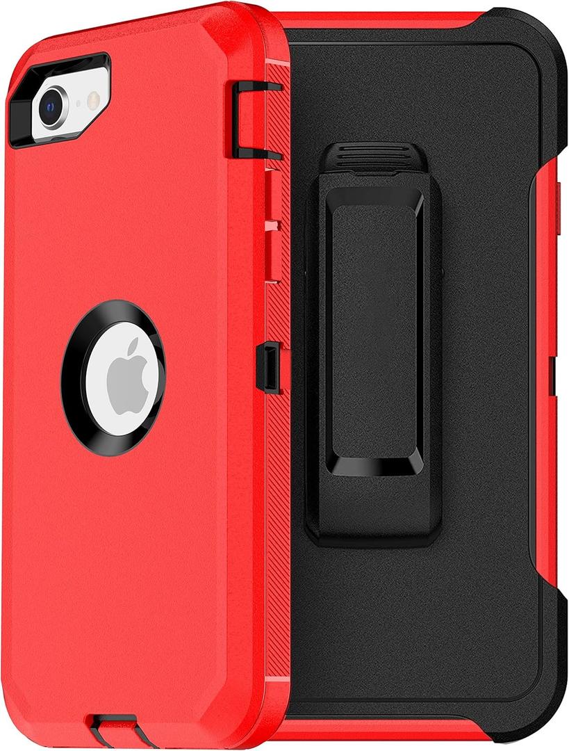 MXX Case Designed for iPhone SE Case 2020 /SE 2022 Heavy Duty Protective Case with Screen Protector [3 Layers] Rugged Rubber Protection Cover & Rotating 360 Degree Belt Clip SE 3rd/2nd Gen (Red/Black)