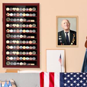 Silipull Military Challenge Coin Display Case Wood Medal Wall Mount Lockable Cabinet Rack Holder Shadow Box for Casino Poker Chips Souvenirs