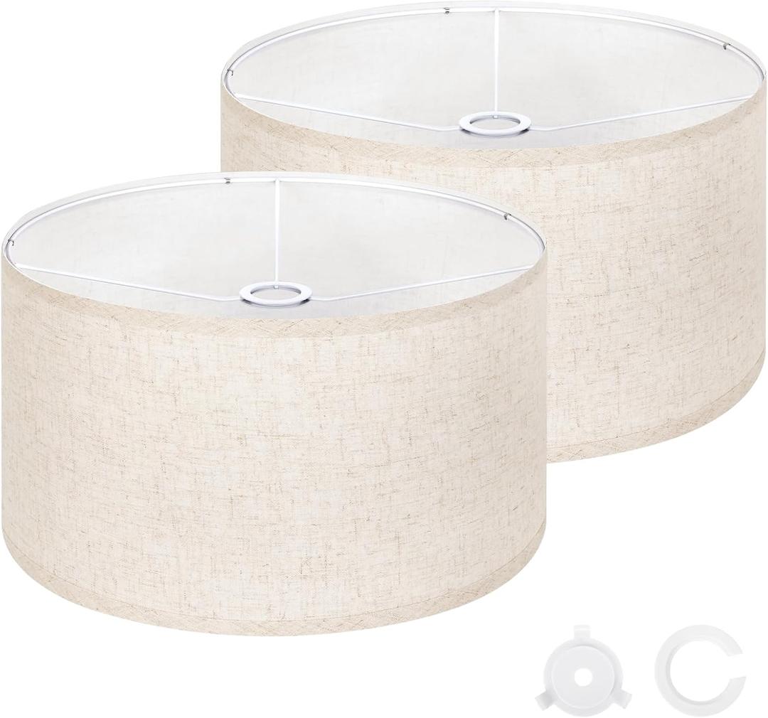 OUTON Beige Lamp shades Set of 2, Large Drum Lamp Shades for Floor Lamps, 16" Top x 16" Bottom x 9" High, Easy to Assemble, Replacement Linen Lampshades for Table Lamps & Bedside Lamps (1.65" Spider)
