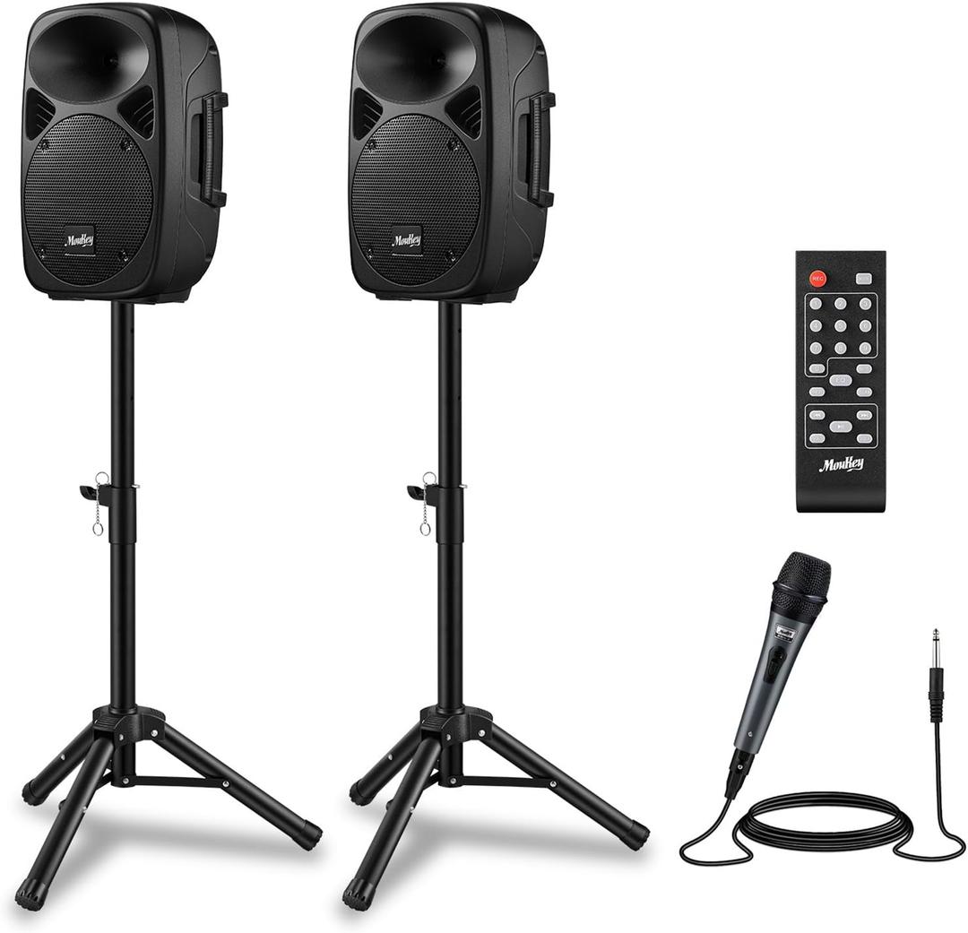 Moukey MPA80 PA System, 8 Inch Active & Passive Powered Rechargeable PA Speakers, 600W Peak Power, with 2 Tripod Stands, Wired Microphone, Remote Control, Support BT/USB/TF/FM/AUX
