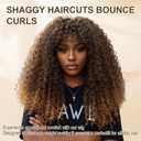 Shaggy Curly Wig with Bangs Ombre Brown Blonde Wigs Natural Look Human Hair Blend Fiber for Everyday Soft Stylish Wear 20 Inch