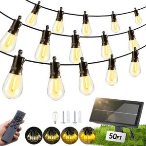 Solar Lights Outdoor Patio Lights: S14 50FT Solar Powered Remote Control 3 Light Modes Dimmable Solar Waterproof Light - Shatterproof Bulbs - Camping Backyard Garden Deck Outside Yard