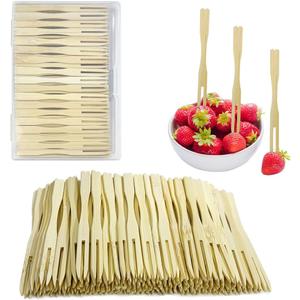Mini Bamboo Forks 3.5 inch, with Storage Case - Cocktail forks, Toothpicks for Appetizers, Disposable, party fruit, bamboo forks for deli accessories, 100 pieces Bamboo Forks
