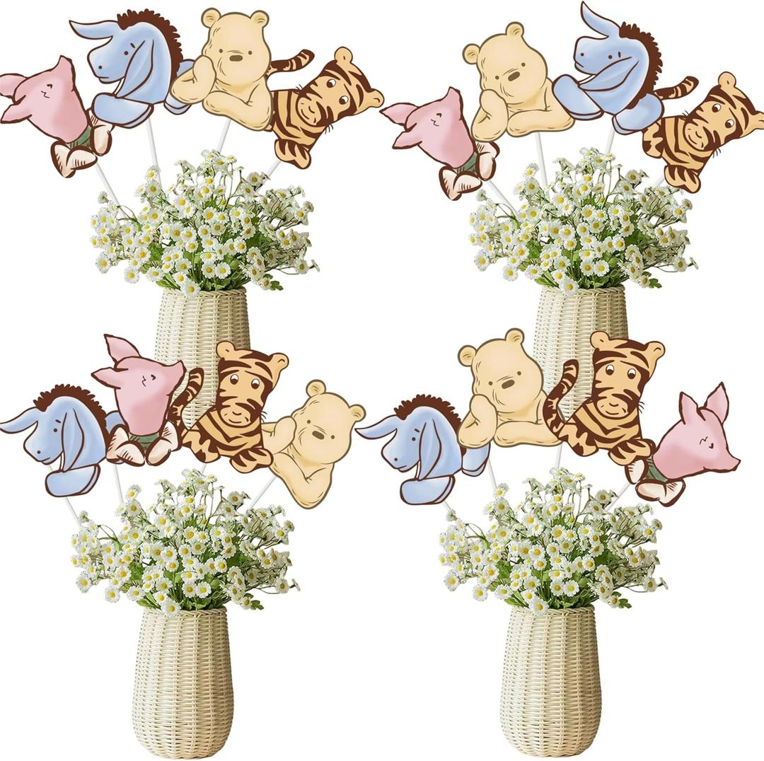 16PCS Vintage Winnie Centerpieces Baby Shower Decorations Table Center Pieces Table Toppers On Stick Cute Cutouts for Pooh Birthday Supplies Party Decor