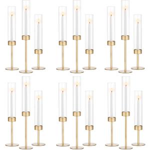 Glass Hurricane Candlestick Holders Gold - Romadedi 18 PCS Taper Candle Holder Bulk Tall Clear Glass Cylinder Table Centerpiece Wedding Decor Party Birthday Christmas Home Decorations