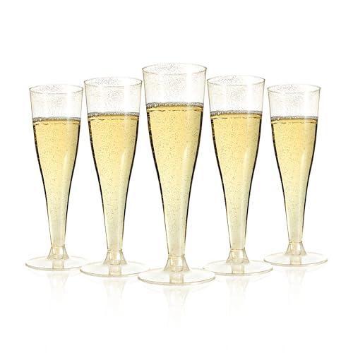 Bestluck 100 Pack Champagne Flutes Plastic, 4.5 oz Gold Glitter Plastic Disposable Stemware, Disposable Champagne Flutes for Party, Mimosa Bar, Wedding, Anniversary and Graduation