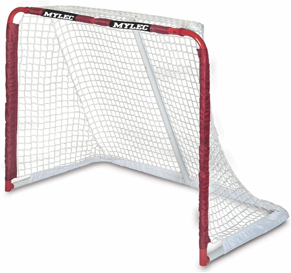 Mylec Steel Junior Hockey Goal for Indoor + Outdoor (52” x 43”), Easy Assembly, Lightweight, Portable, and Net Weave System (Red, 17 Pounds)