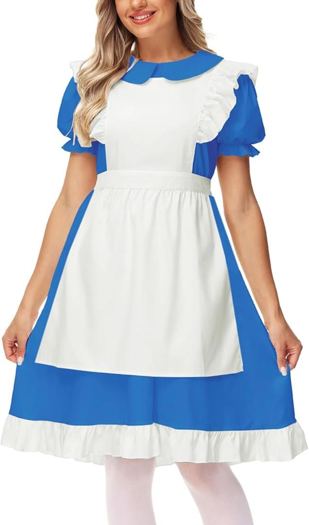 Women Bule White Costume with Apron Halloween Maid Princess Dresses, Size 8