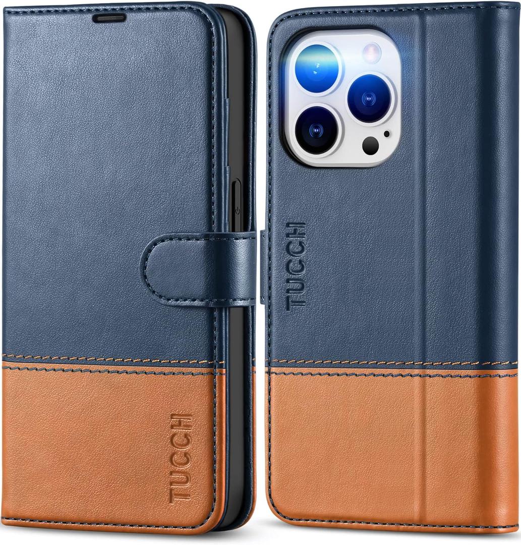 TUCCH Compatible with iPhone 14 Pro Wallet Case, Protective [TPU Shockproof Inner Shell], PU Leather [RFID Blocking] [4 Card Holder] Magnetic Stand Cover for iPhone 14 Pro 6.1", Brown & Dark Blue