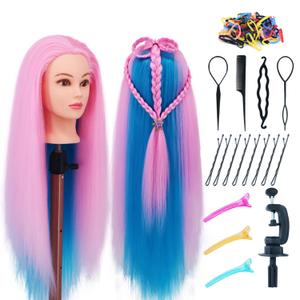 Mannequin Head with Hair 29'' Cosmetology Doll Head for Hair Styling to Practice on Hairdressing Training Braiding Heads with Clamp Holder kit (Pink Blue)