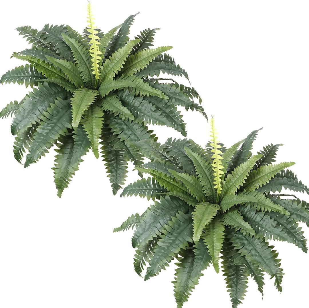 Dremisland Artificial Ferns for Outdoors,Set of 2 Bouquets 30" Diam Large Fake Hanging Ferns Artificial Boston Fern Fake Fern Plant Artificial Bush for Home Garden Porch Farmhouse Decoraction(2 PCS)