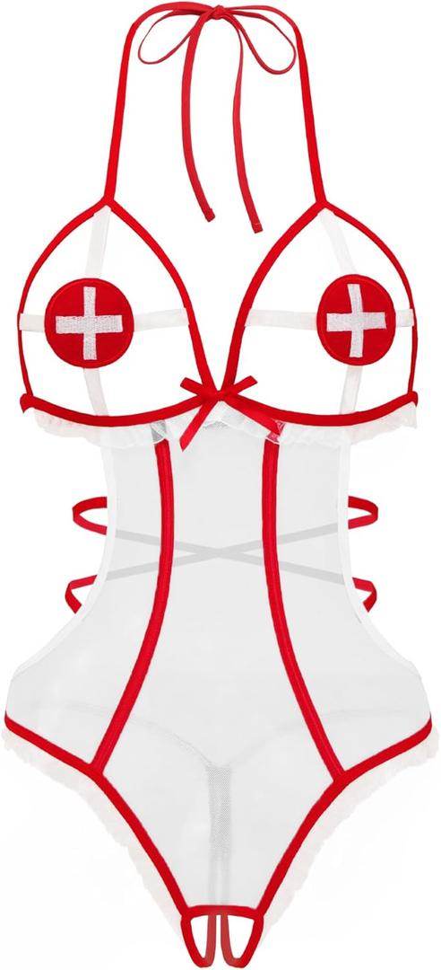 Avidlove Sexy Lingerie for Women Naughty Roleplay Lingerie Bodysuit Nurse Cosplay Outfits Nurse Costume (Large, White)