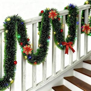 32 Feet Christmas Garland with Lights, DIY Christmas Tree Wall Corner Decor Tinsel Garland with Butterfly, Flower and Balls, Battery Operated (Battery Not Included) for DIY Decoration