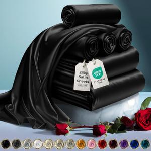 DECOLURE Satin Bed Sheets - 6 Piece Luxury Silky King Size Bedding Set - Softer Than Silk, Wrinkle-Free with 15 Deep Pocket Fitted Sheet, Perfect for Hair & Skin, Gifts for Women (Black)