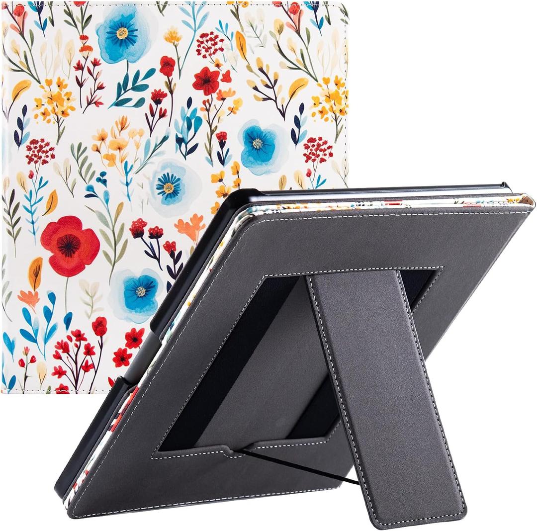 Case for 10.2" Kindle Scribe,Built-in Pen Holder,Flowers on White | PU Leather Protective Cover,with Auto Sleep/Wake,Foldable Stand,Two Hand Straps