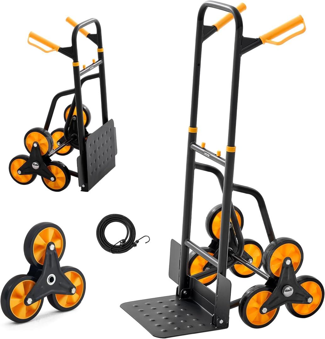 VEVOR Stair Climbing Cart, 770 lbs Stair-Climbing Capacity, Heavy-Duty Folding Trolley Cart with Telescoping Handle, 6 Wheels and 2 Bungee Cords, Stair Climber Dolly for Home, Groceries, Warehouse