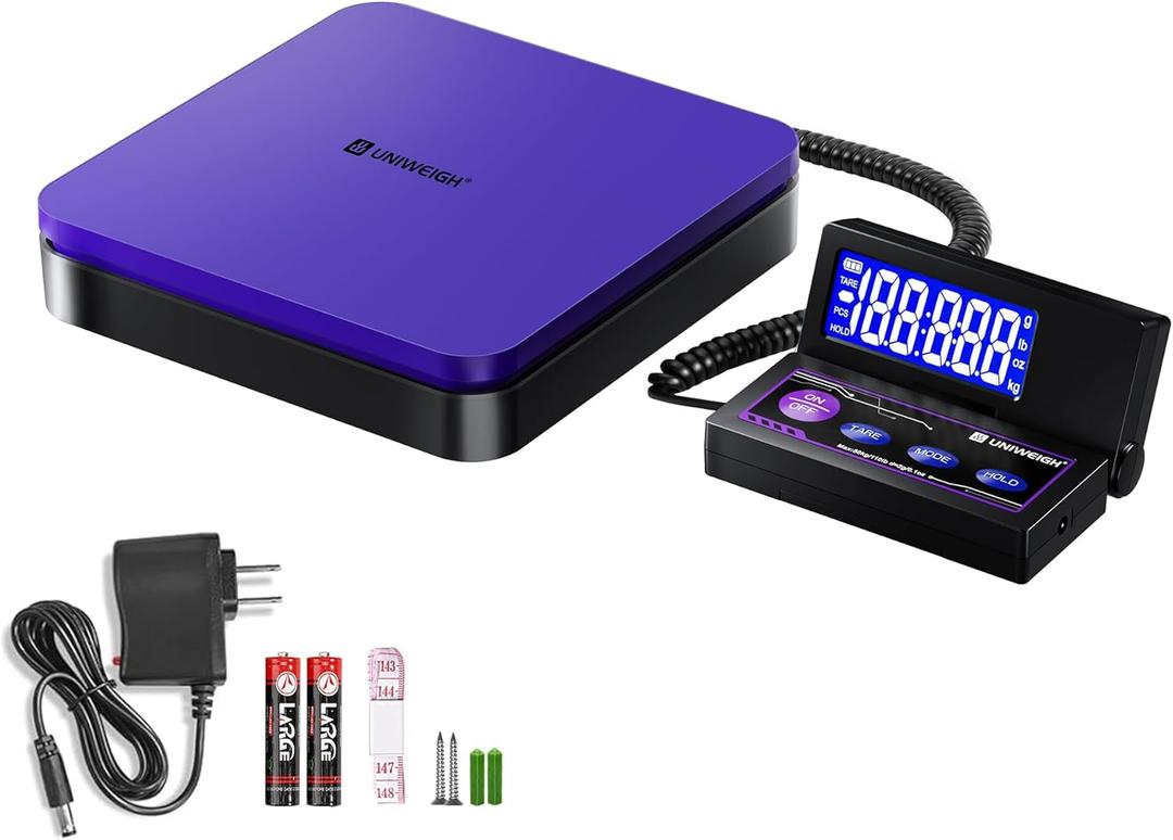 UNIWEIGH Digital Shipping Scale 110lbs/ 0.1oz Accurate, Postal Scale with 5 Units/ LCD/ Tare/ Hold Function, Auto-Off, Postage Scale for Packages Small Business/ Mail Scale, Includes Battery & AC Adapter
