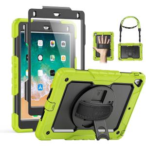 SEYMAC Case for iPad 6th/5th Generation 9.7 Inch, Full-Body Shockproof Heavy Duty Protective Case with Screen Protector, Rotating Stand/Hand/Shoulder Strap for iPad Air 2/ Pro 9.7, Green