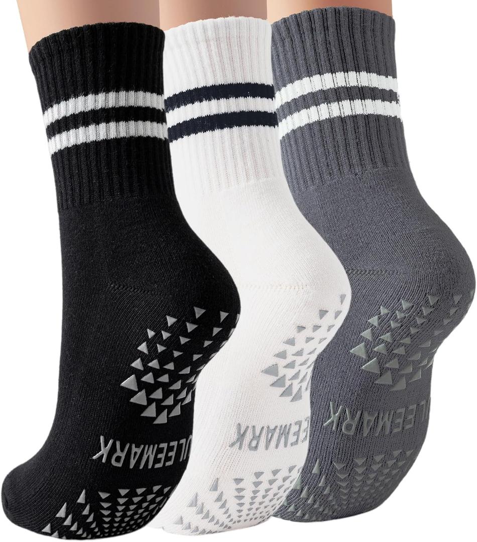 2 x ULEEMARK Womens Pilates Non slip Yoga Socks Dance Gym Exercise Ankle Socks (One Size, 3 Pack Black White Grey)