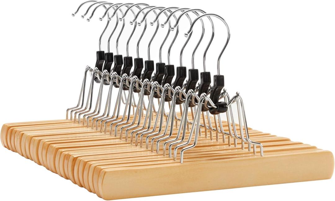 SONGMICS 12 Pack Wooden Pants Hangers, Premium Solid Wood with Non-Slip Felt, Hold Pants Tightly, Smooth Finish Wood Skirt Hangers, with 360 Swivel Hook, Natural UCRW007-12