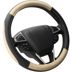 SEG Direct Car Steering Wheel Cover Universal Standard Size 14.5-15 inch, Black and Beige Microfiber Leather