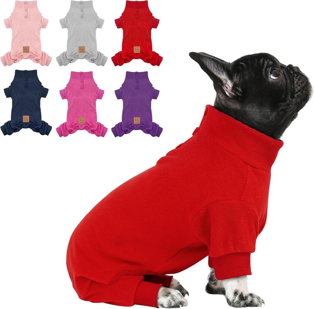 cyeollo Dog Pajamas Fleece Dog Pjs Thermal Dog Onesie Stretchy Jumpsuits Doggie Warm Coat Outfits for Pet Cat Apparel Color Red (Small (chest Girth: 13"-15"))