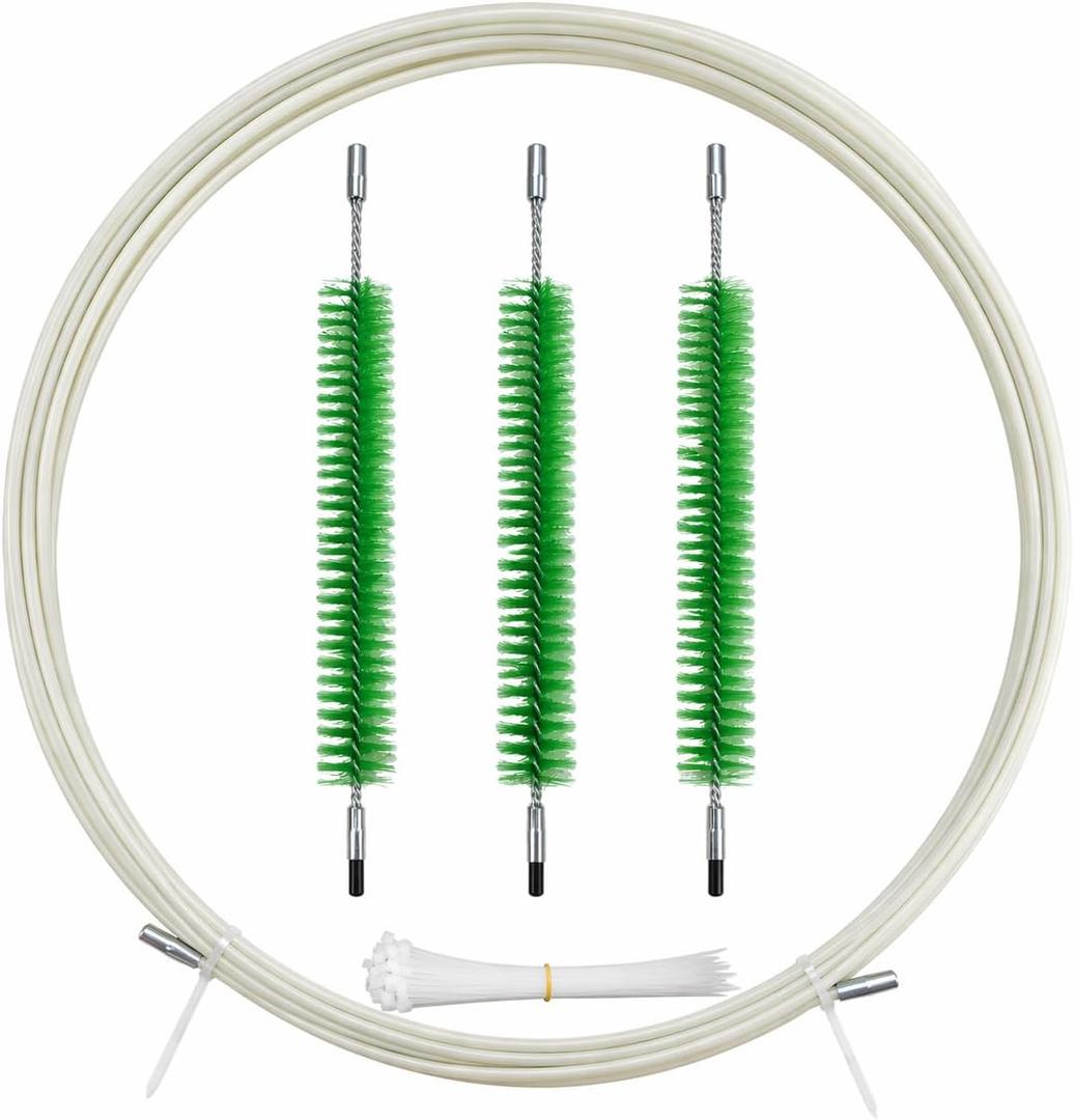 Poultry Water Line Cleaning Tool | 15ft rigid rod, 3 replaceable nylon brush heads for 0.7-1.2in pipes, scrubs algae/slime, no disassembly, with 100 cable ties