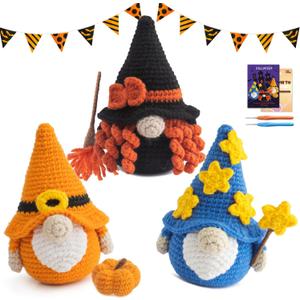 POP COCHE Halloween Crochet Kit for Beginners, Crochet Starter Kits for Adults, Amigurumi Craft Knitting Crochet Animal Kit with Step-by-Step Video Tutorials, 3 Halloween Gnomes (40%+ Yarn)