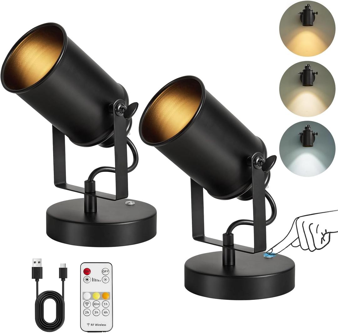 Vitnucrol Rechargeable Spot Lights Indoor with Remote, 5500mAh Battery Operated Spotlight Wireless LED Uplighting with TimerDimmable, 3CCT, Accent Lighting for Plant/Picture/Artwork (2Pack-Black)