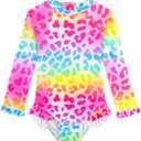Baby Toddler Girl Long Sleeve Ruffle Swimsuit One Piece Zipper Rash Guard Bathing Suit with UPF 50+ Sun Protection (3-4T, Rainbow Leopard)