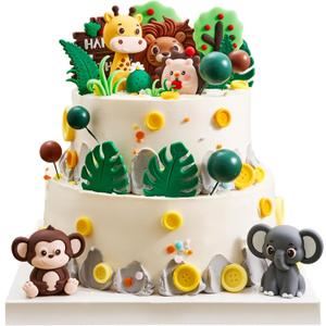 25PCS Jungle Safari Cake Toppers Set - 3D Zoo Animals Cake Toppers with Trees & Leaves, Wild One Birthday Decor for Jungle Theme Parties Supplies, Safari Cake Decorations