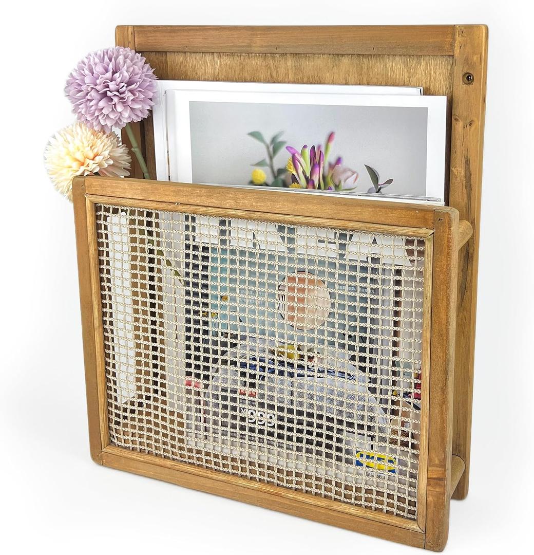 Wooden Wall Mounted Magazine Rack, Boho Style Wall File Organizer, File Holder For Entryway Living Room Kids room and Office, Magazine Holder, Hanging Mail Organizer (Brown)