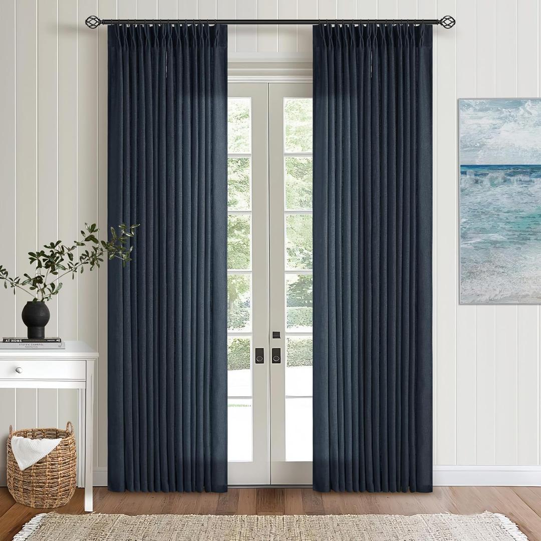 Pinch Pleated Navy Linen Curtains 84 Inches Long 2 Panels Set for Living Room Dining Pinch Pleat Back Tab Light Filtering Farmhouse Boho Retro Window Curtain Drapes 84 Inch Length Dark Blue Indigo