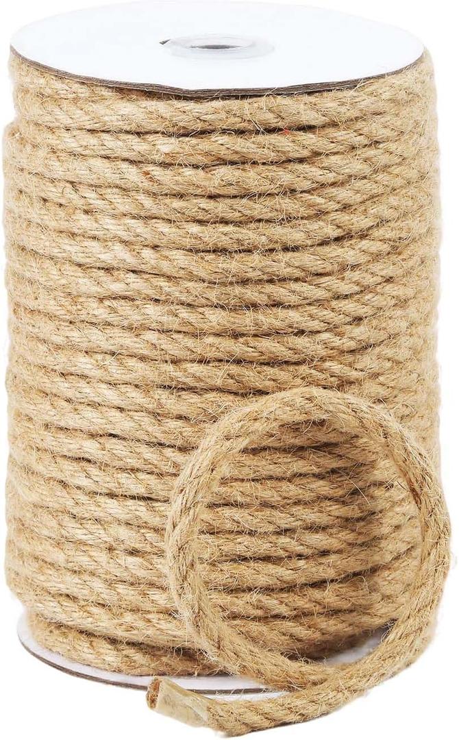 Natural Jute Twine, 8MM x 100FT Jute Rope Roll, Heavy Duty Thick Twine for Cat Scratching Post, Bundling, Gardening and DIY Crafts