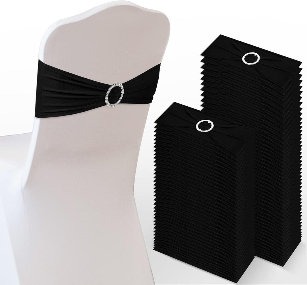 Tudomro 80 Pcs Spandex Chair Sashes, Stretch Ties Bows with Buckle Slider Elastic Bows Chair Cover Bands for Wedding Party Universal Reception Ceremony Banquet Decoration(Black)