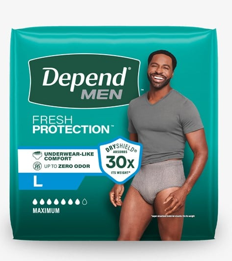 Depend Fresh Protection Adult Diapers, Incontinence Underwear for Men, Disposable, Maximum, Large, Grey, 36 Count
