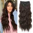 REECHO Clip in Hair Extensions, 4PCS Blonde Hair Extensions 24" Thick Long Beach Waves hair extensions HE003 Invisible Lace Weft Natural Soft Hairpieces for Women  Chocolate Brown