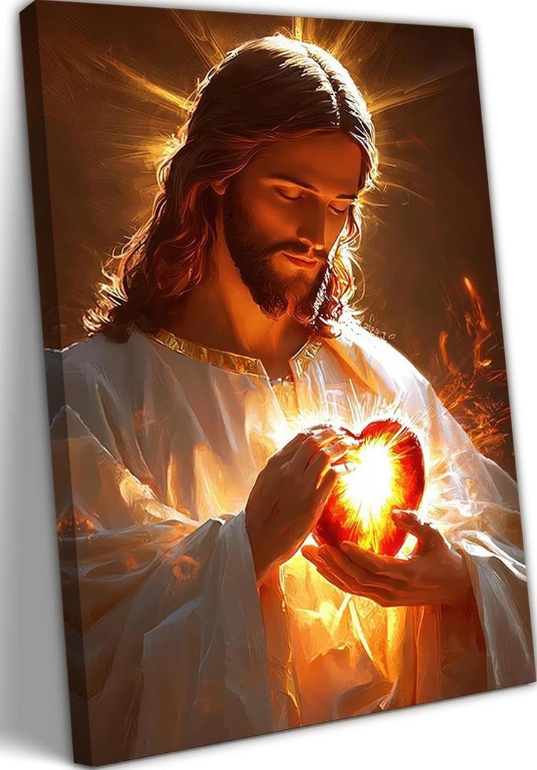 Sacred Heart of Jesus Canvas Wall Art Divine Mercy Wall Decor Christian Religious Art Poster Print Jesus Portrait Picture Painting Suitable for Bedroom Living Room Prayer Room Church Decor 16*24 (Stretched Canvas on A Wooden Frame)
