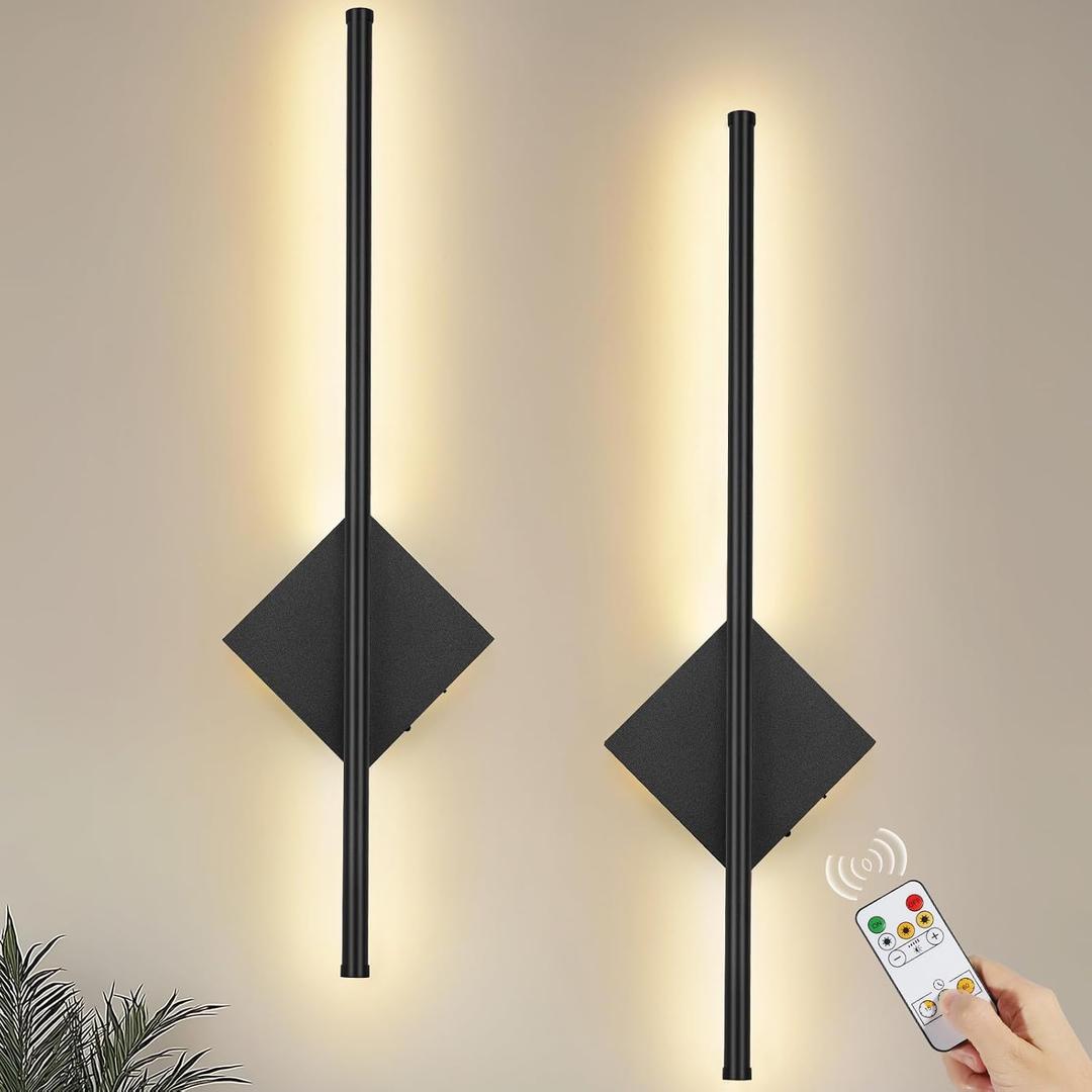 Battery Operated Wall Sconces Set of Two Wireless Rechargeable Light with Remote - Black Wall Lamp Dimmable Modern Sconces Home Decor for Bedroom Living Room Hallway Timing 23.6 Inch