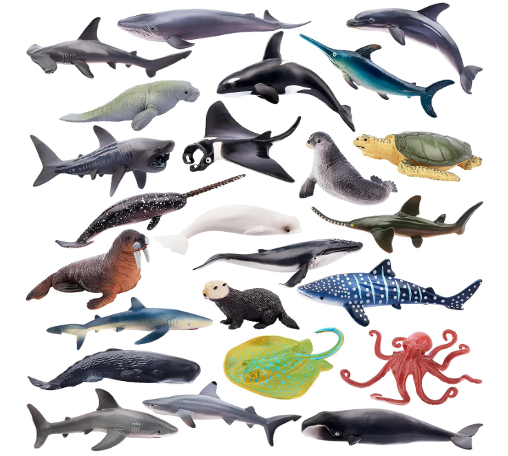 TOYMANY 24pcs Mini Ocean Animal Figurines: Realistic Cake Toppers with Sharks, Whales & Octopus - Great for Kids' Parties, Gifts & School Projects