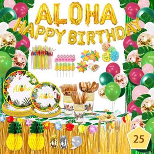 323 Luau Party Decorations, Hawaiian Party Decorations Kit For Adults - "ALOHA"&"HAPPY BIRTHDAY" Banner, Balloons, Cake Topper, Straws, Table Skirt, Dinnerware Set For 25 Guests (Tropical)